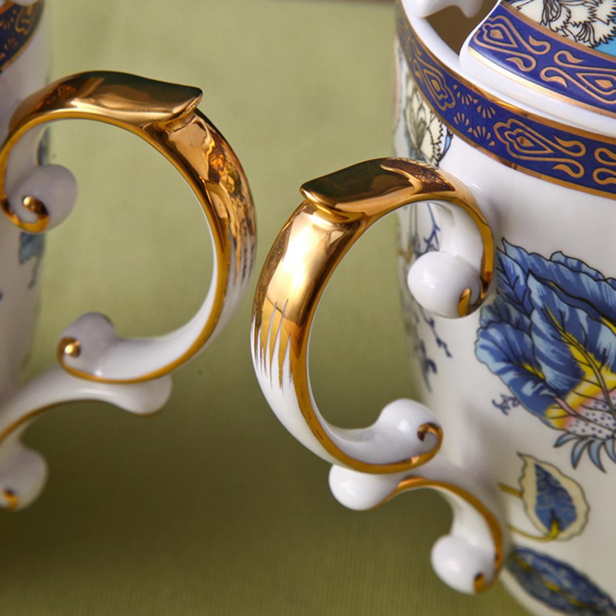 TeaCask 400ml Luxury Blue Bone China Mug with Lid & Spoon – 24K Gold Rim Ceramic Coffee Cup