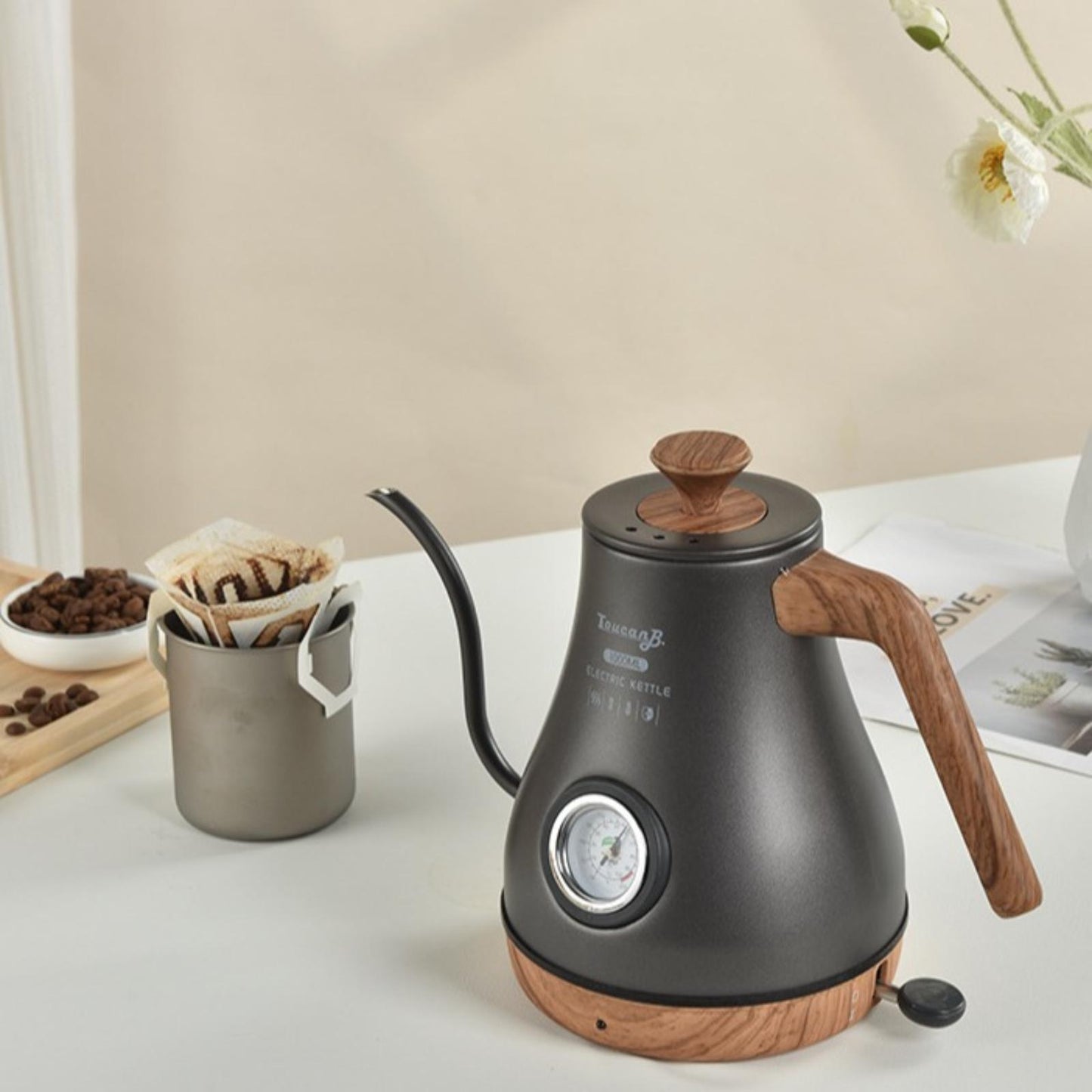 Electric Gooseneck Kettle with Temperature Gauge – 304 Stainless Steel Fast Heating Tea Kettle