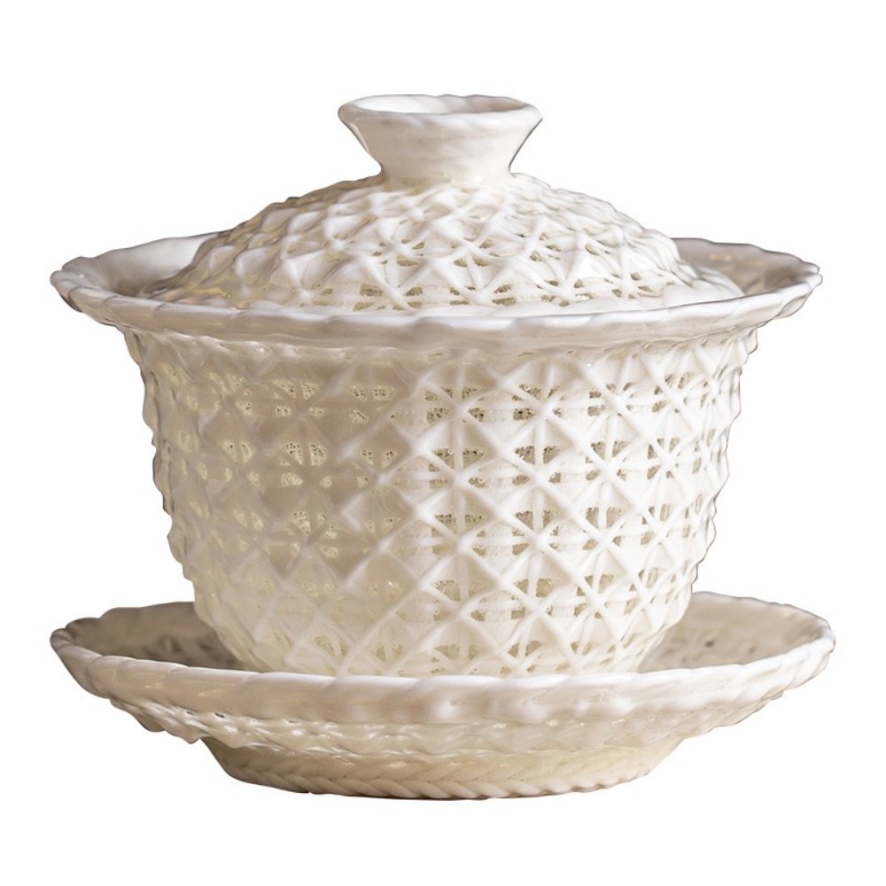 Handmade Linglong Woven Three-Piece Gaiwan 160ml White Ceramic Gongfu Tea Bowl