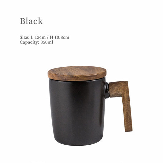 Retro Ceramic Mug with Wooden Handle and Lid – 350ml Office Teacup