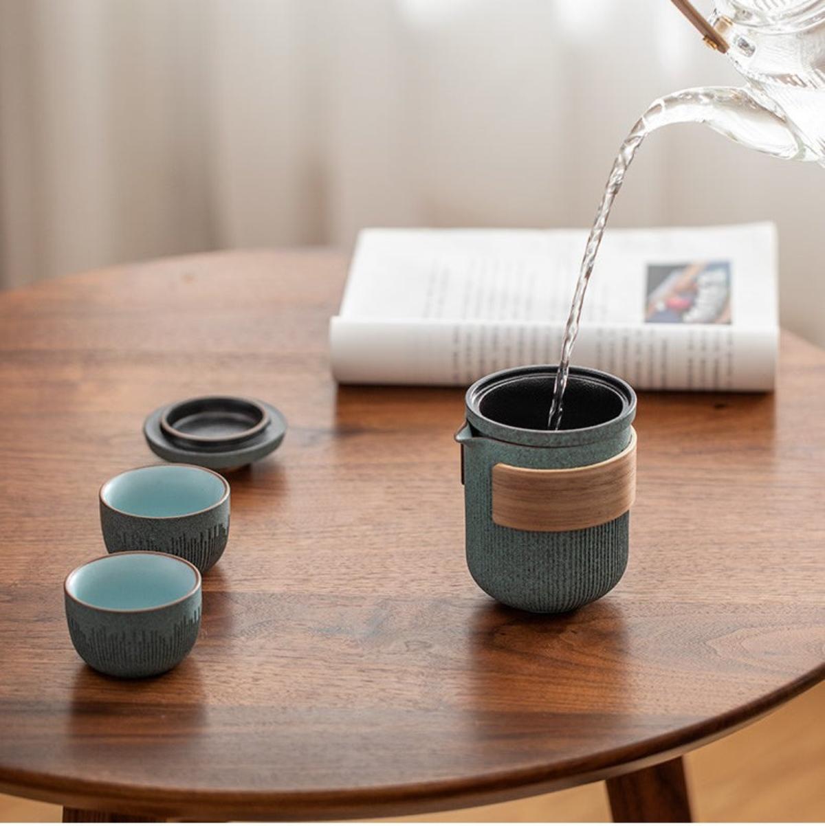 Stone Glazed Travel Tea Set – 1 Teapot & 4 Cups Portable Ceramic Gongfu Tea Set