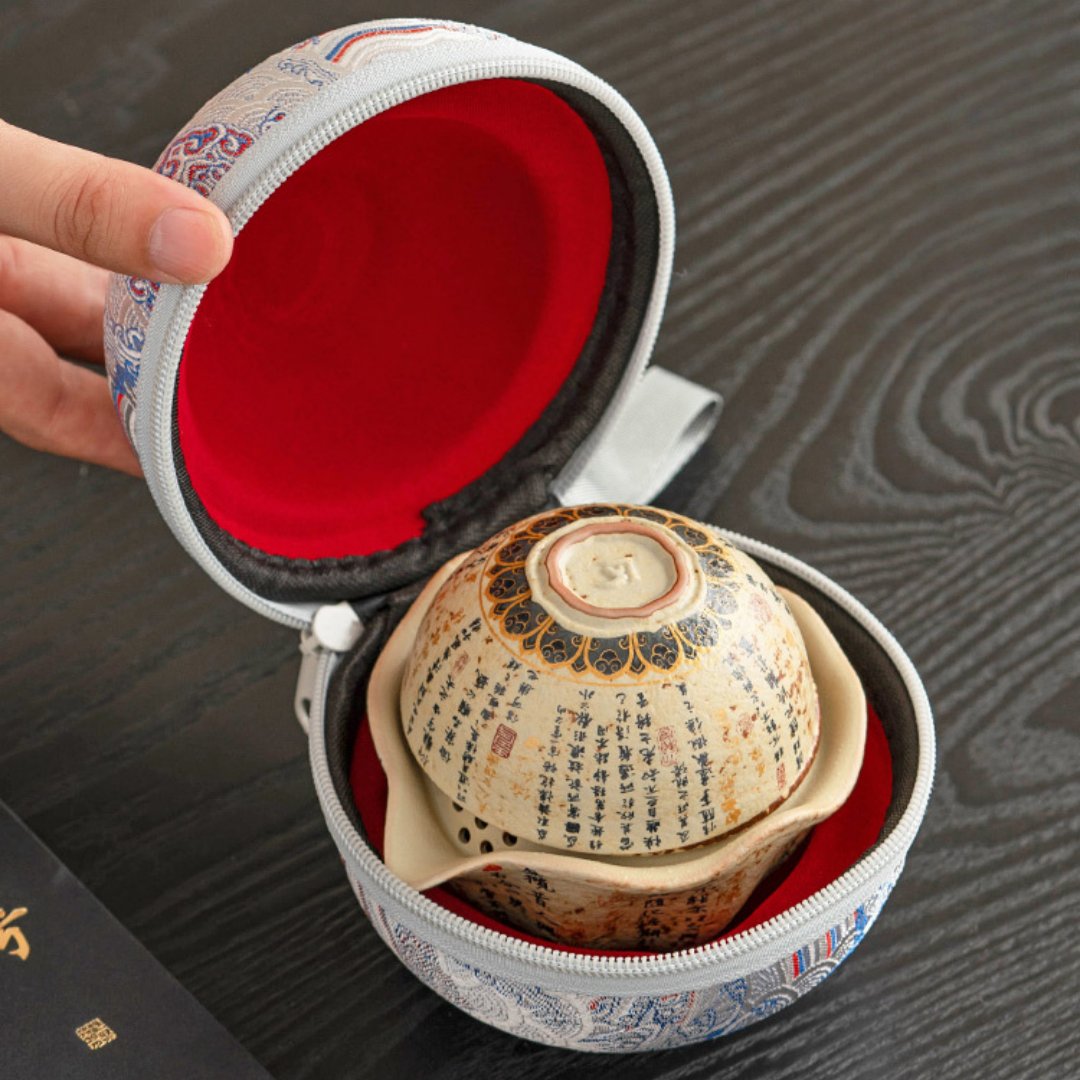 Blue & White Firestone Red Lanting Xu Lotus Leaf Travel Tea Set – Portable Gongfu Tea Set for Adults