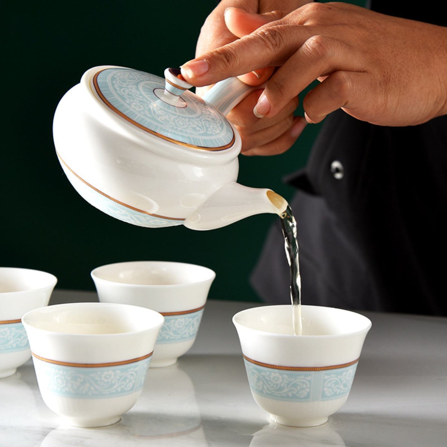 Creative Chinese Embossed Bone China Tea Pot & Cup Gift Set