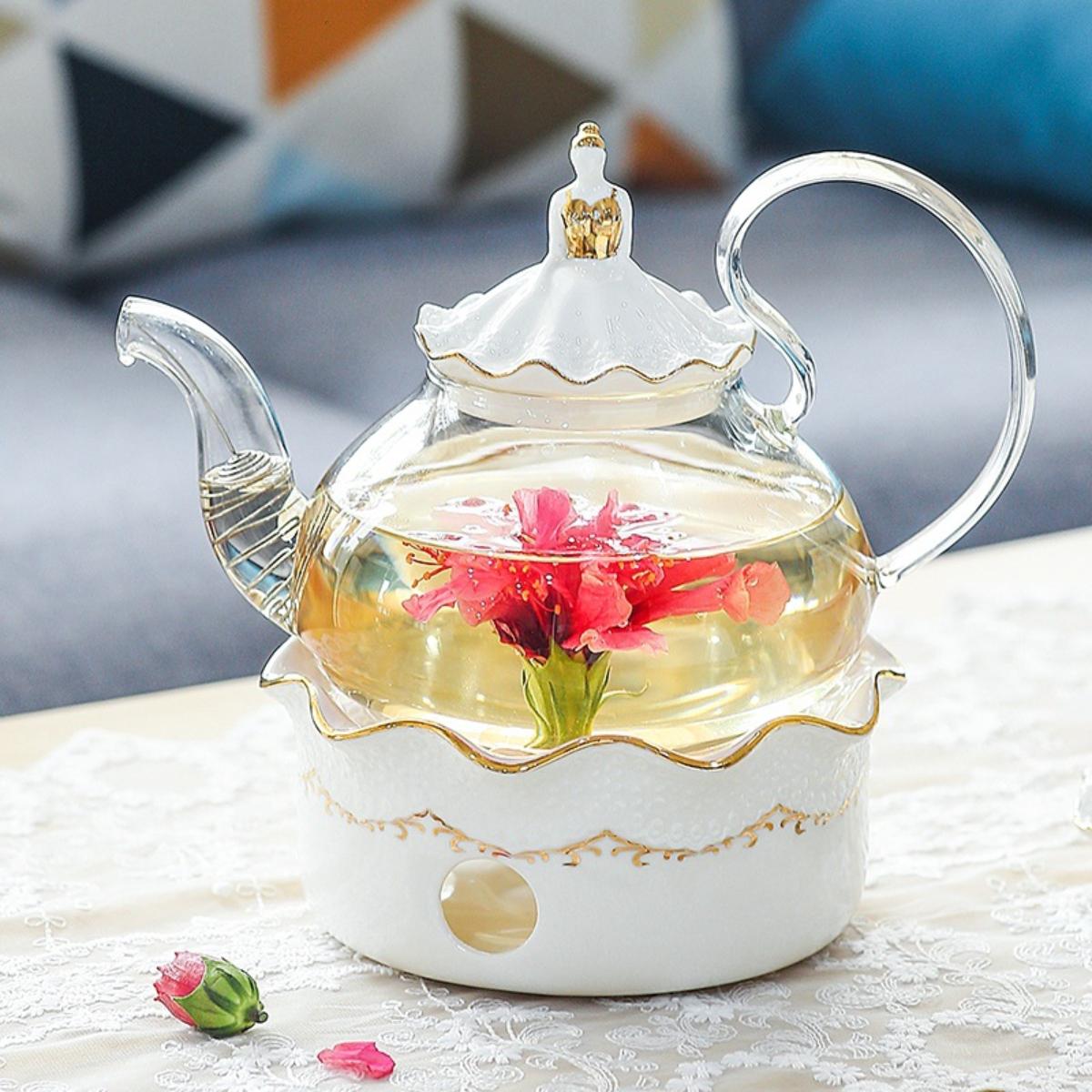 Tea Set – 6 Cups & Saucers, 650ml Glass Teapot with Warmer Stand, Cup Stand & Optional Tray, Elegant Tea Gift