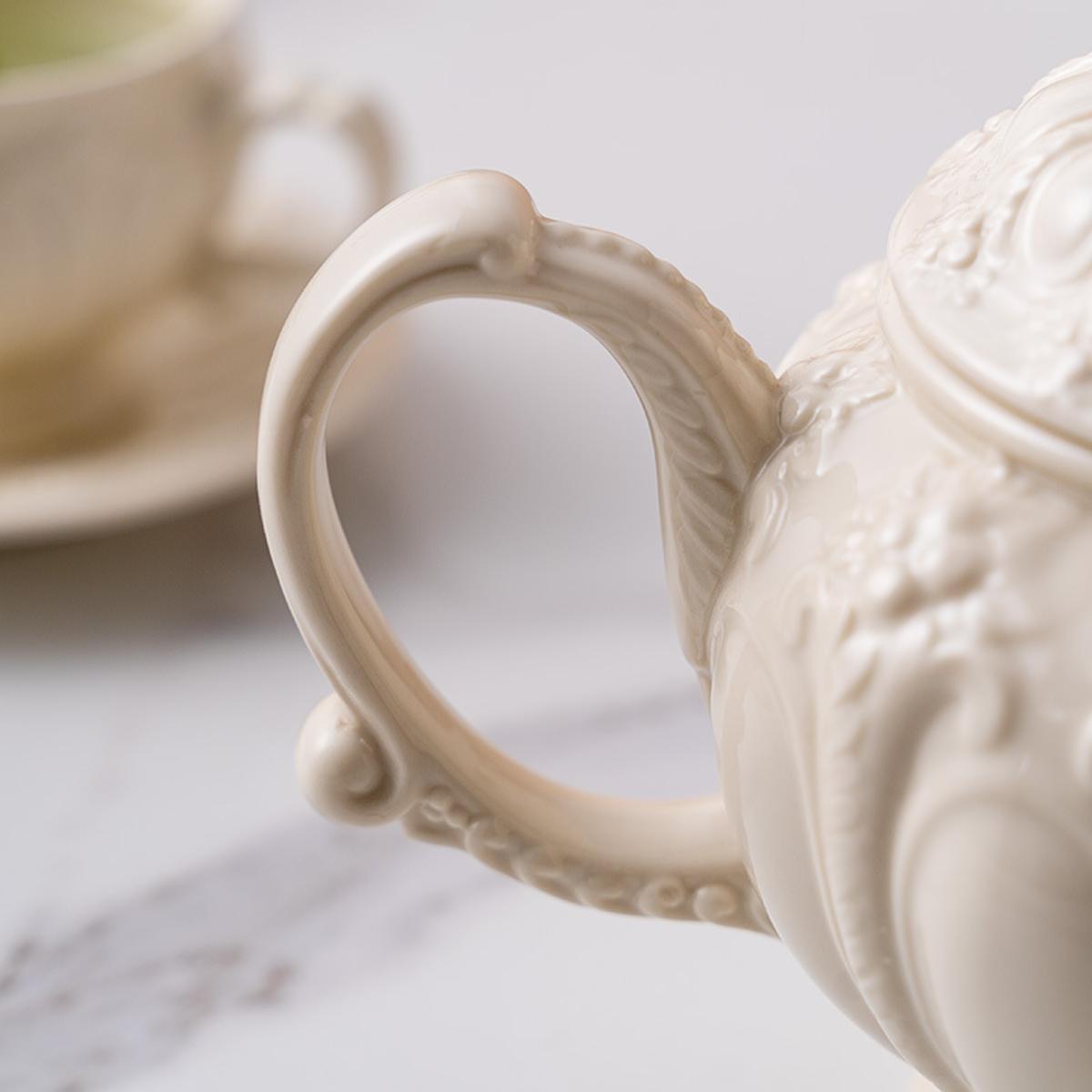 Handcrafted Embossed Vintage Palace Tea Set – Porcelain Teapot and Cup with Saucer for Afternoon Tea