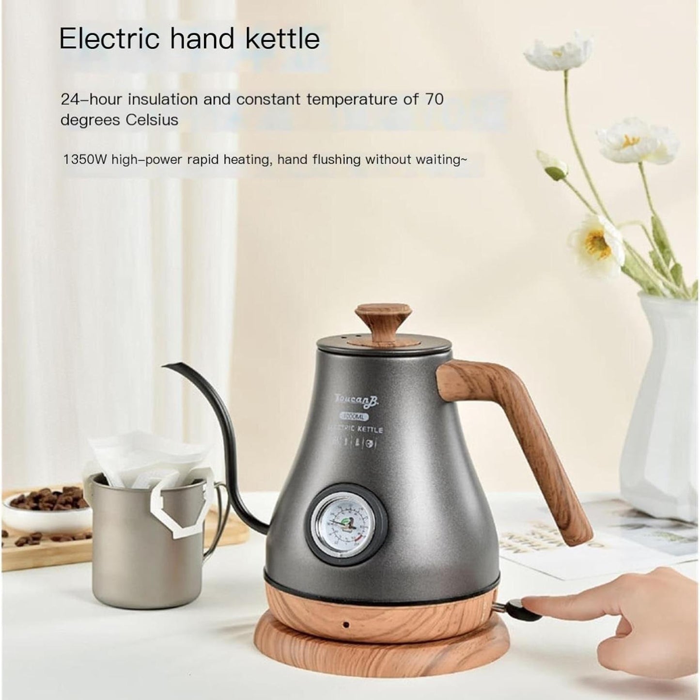 Electric Gooseneck Kettle with Temperature Gauge – 304 Stainless Steel Fast Heating Tea Kettle
