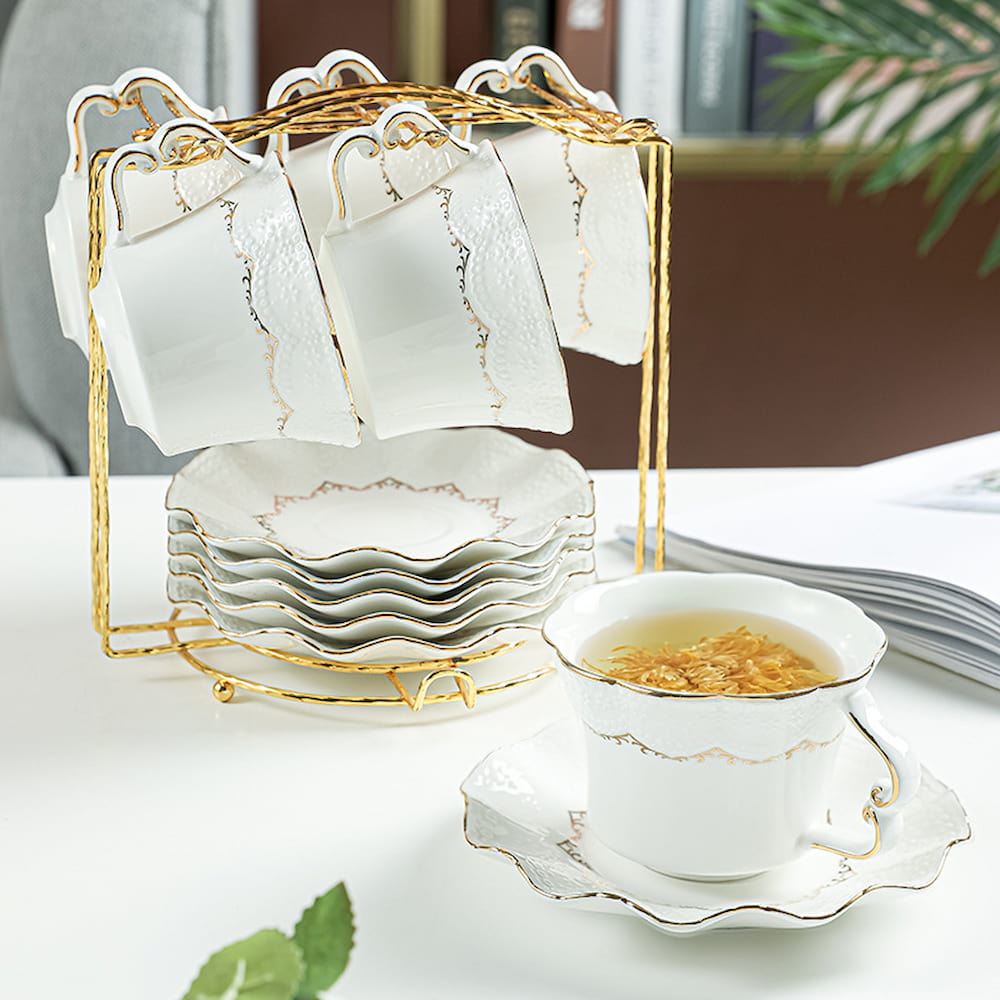 Tea Set – 6 Cups & Saucers, 650ml Glass Teapot with Warmer Stand, Cup Stand & Optional Tray, Elegant Tea Gift