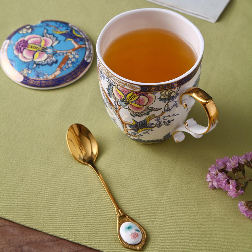 TeaCask 400ml Luxury Blue Bone China Mug with Lid & Spoon – 24K Gold Rim Ceramic Coffee Cup