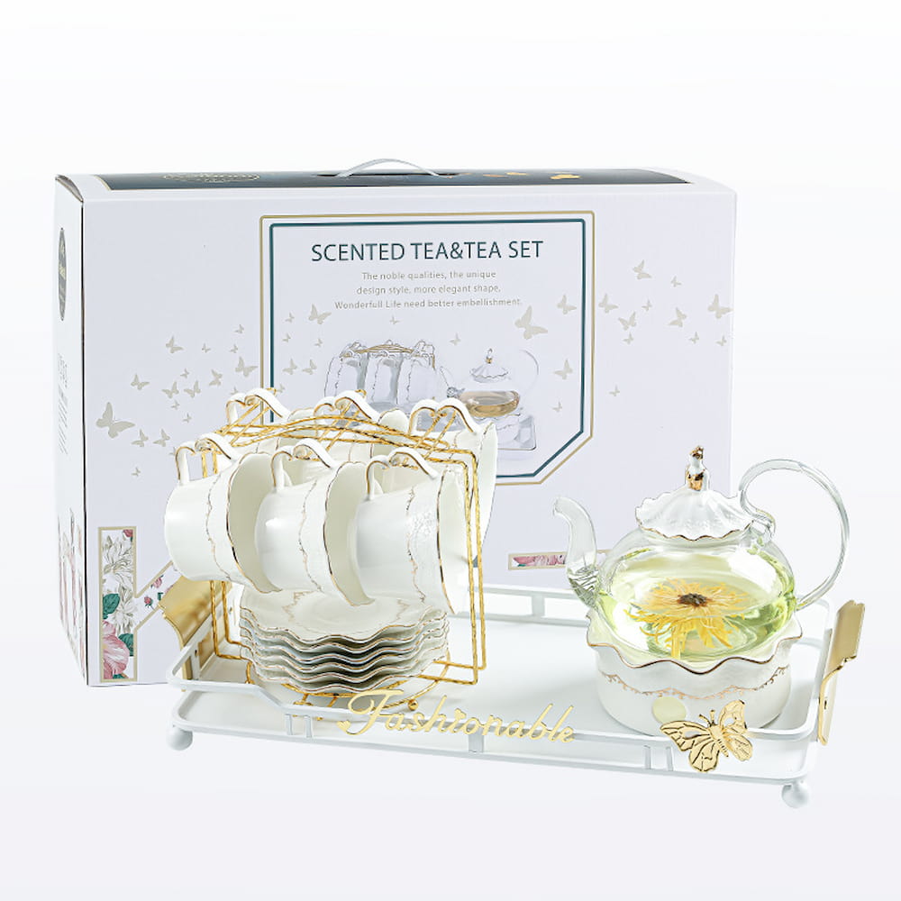 Tea Set – 6 Cups & Saucers, 650ml Glass Teapot with Warmer Stand, Cup Stand & Optional Tray, Elegant Tea Gift