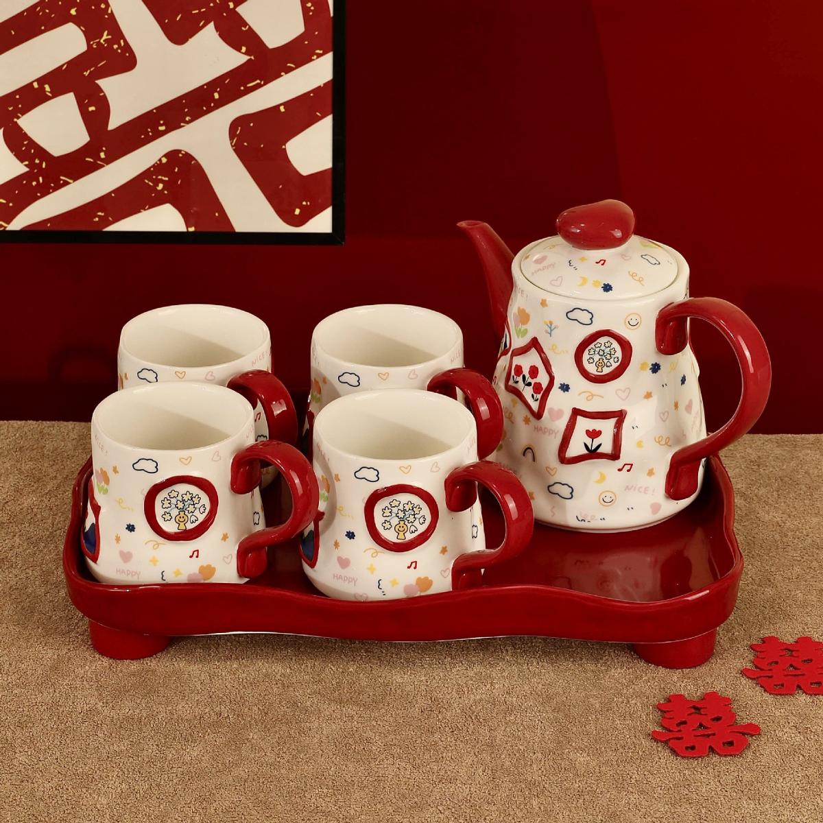 Red Music Note Creative Graffiti Teapot & Tea Cup Gift Set – 6-Piece Boxed Set with 800ML Pot, 4 Cups, and Tray