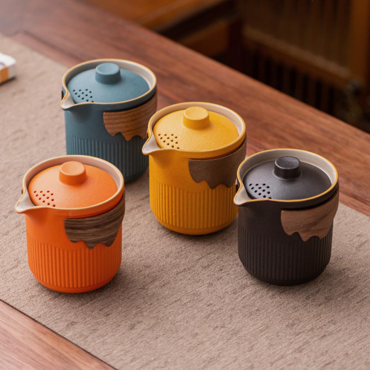 Rustic Stoneware Gongfu Travel Tea Set with Teapot & Cups – 4 Colors
