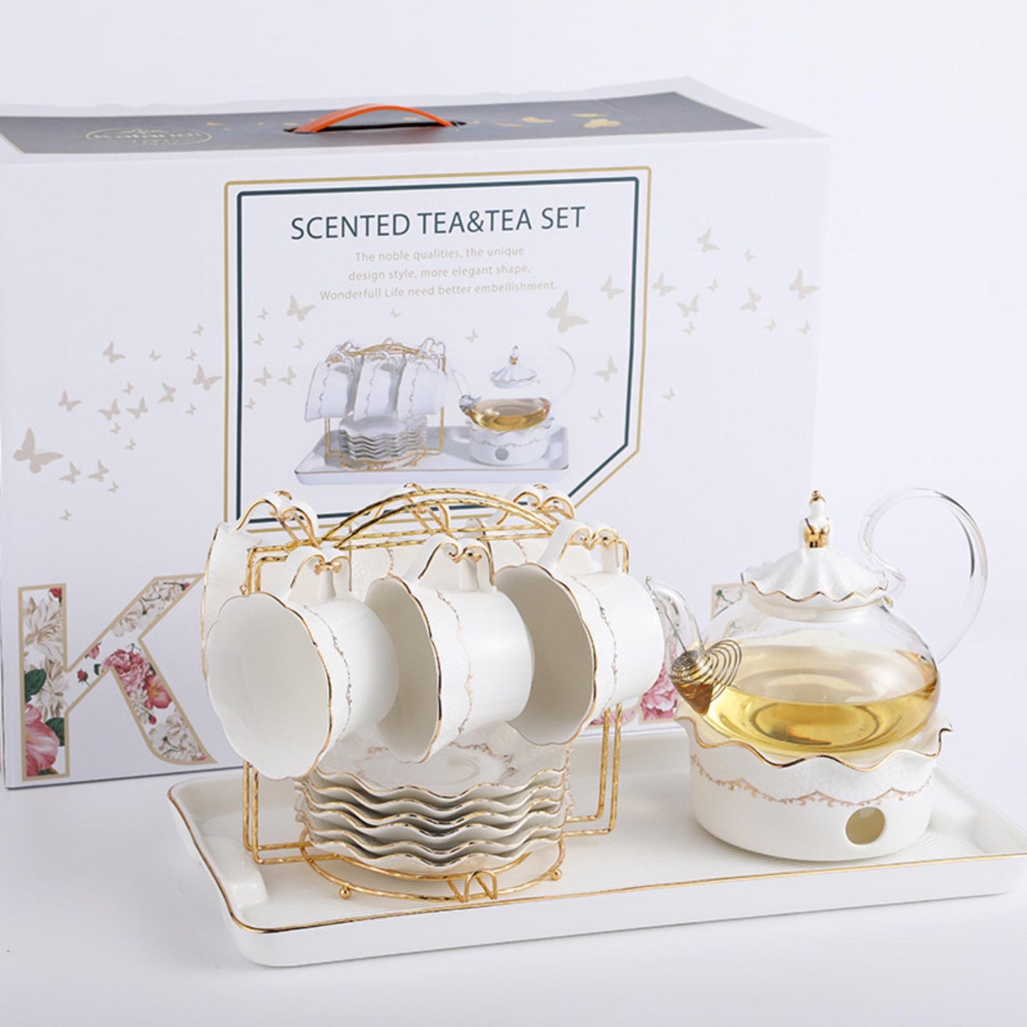 Tea Set – 6 Cups & Saucers, 650ml Glass Teapot with Warmer Stand, Cup Stand & Optional Tray, Elegant Tea Gift