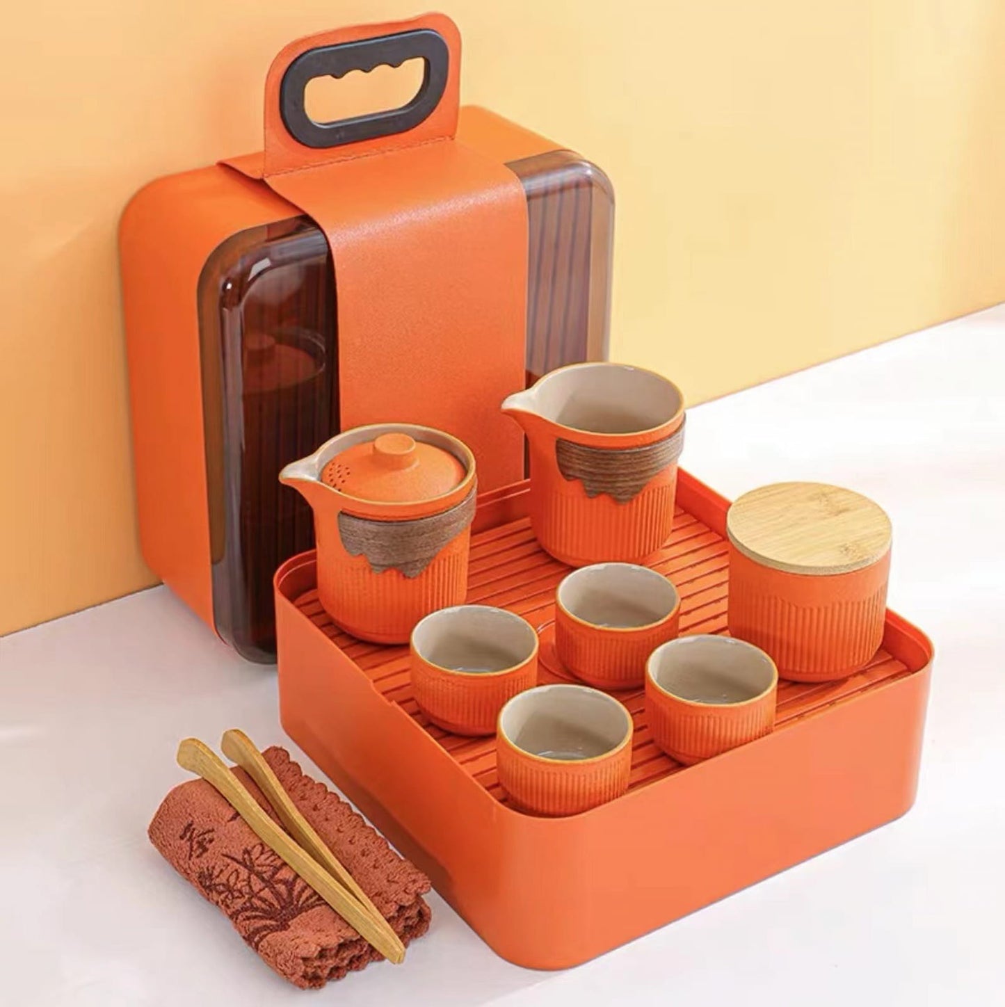 Rustic Stoneware Gongfu Travel Tea Set with Teapot & Cups – 4 Colors