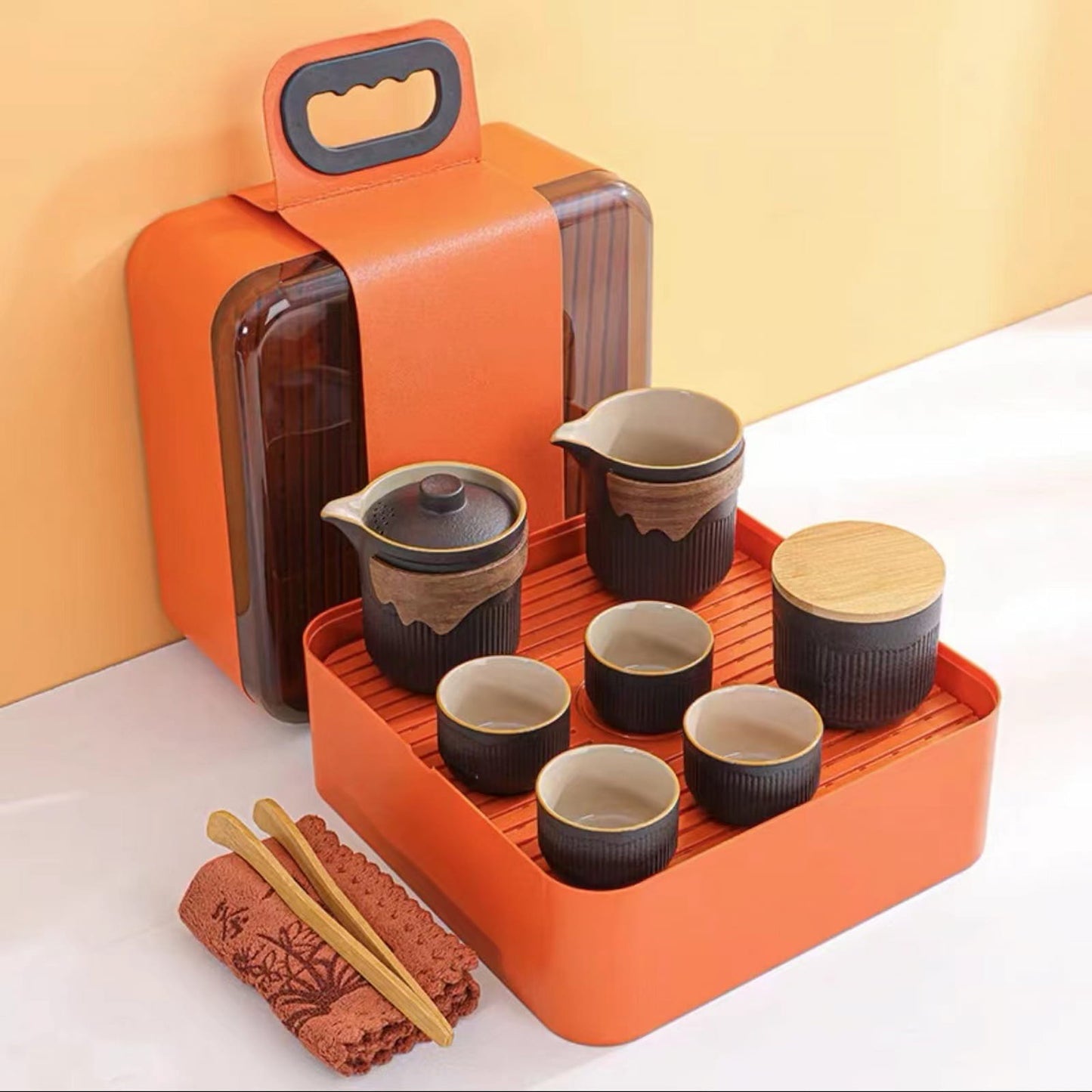 Rustic Stoneware Gongfu Travel Tea Set with Teapot & Cups – 4 Colors