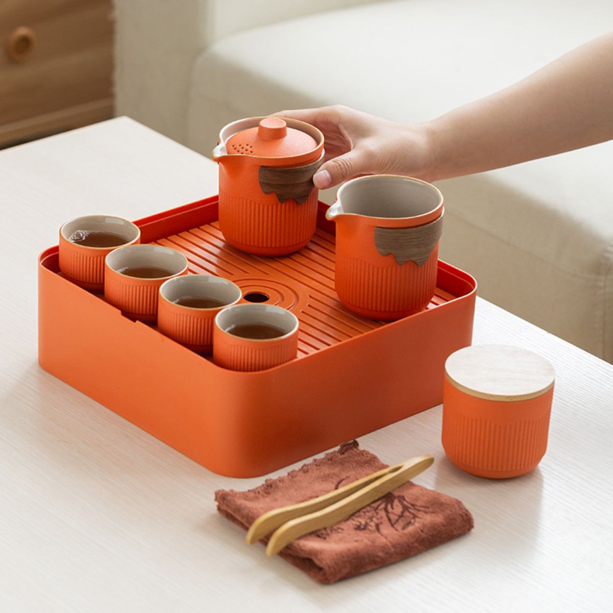 Rustic Stoneware Gongfu Travel Tea Set with Teapot & Cups – 4 Colors