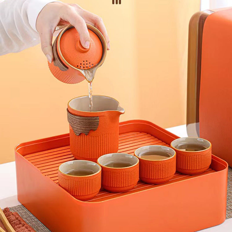 Rustic Stoneware Gongfu Travel Tea Set with Teapot & Cups – 4 Colors