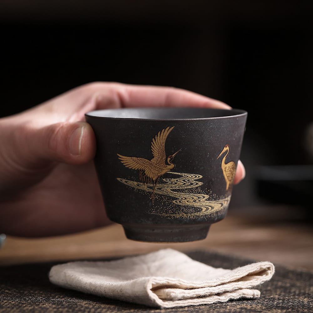 Vintage Handmade Ceramic Tea Cup – Gilded Double Cranes Design
