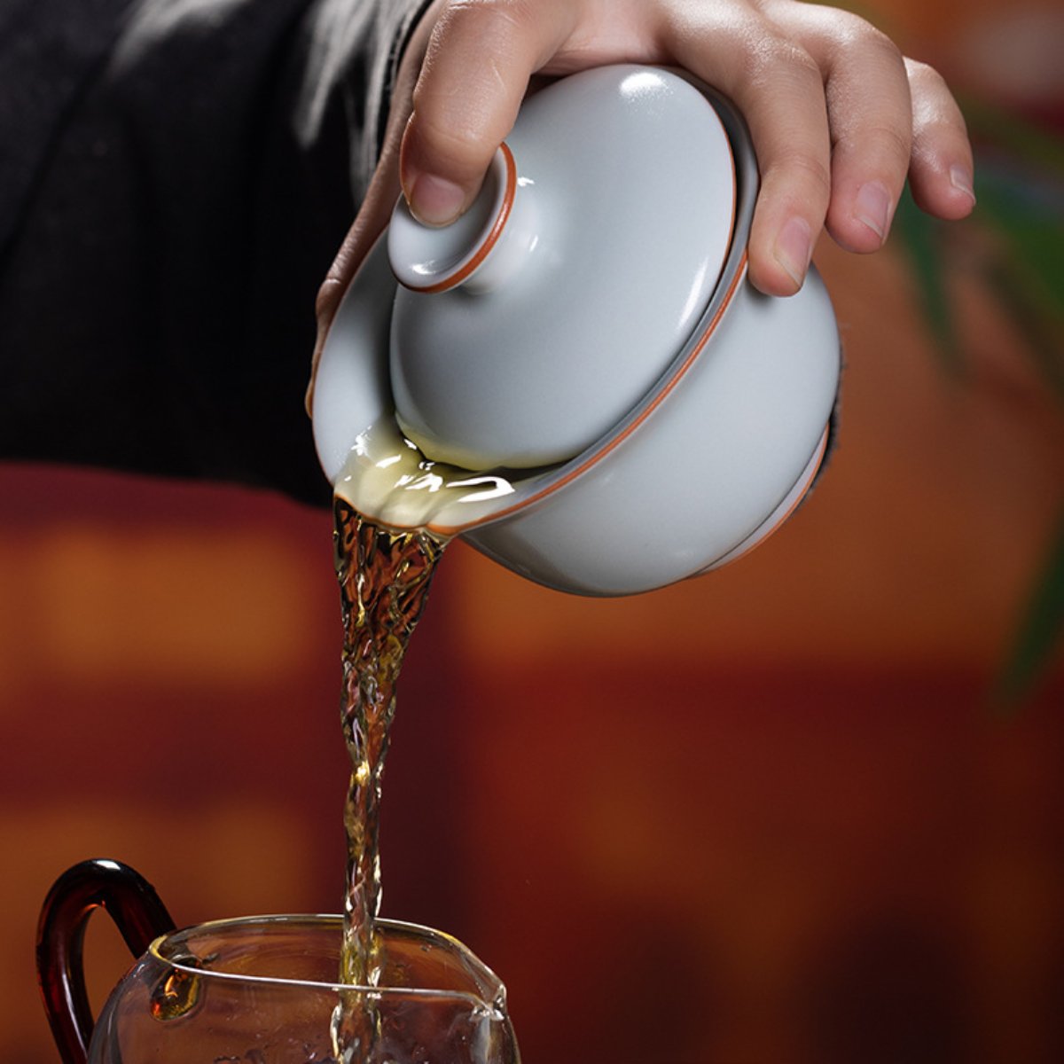 Longquan Celadon Porcelain Gaiwan with Gold Line and White Accents, Large Size 200ML, Gift Box Set