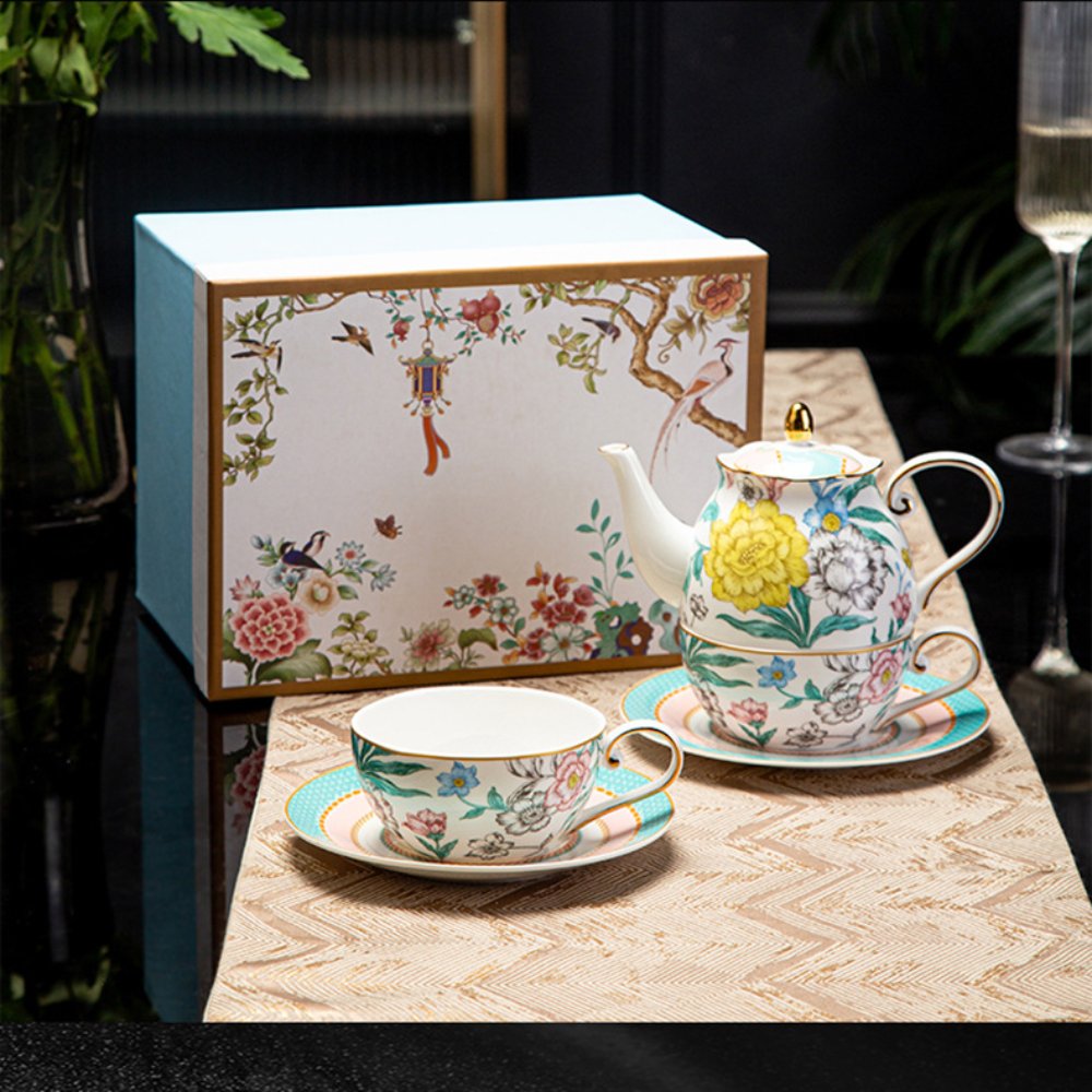 Bone China Floral Tea-for-One Set – Stackable Teapot, Cup & Saucer Gift Set