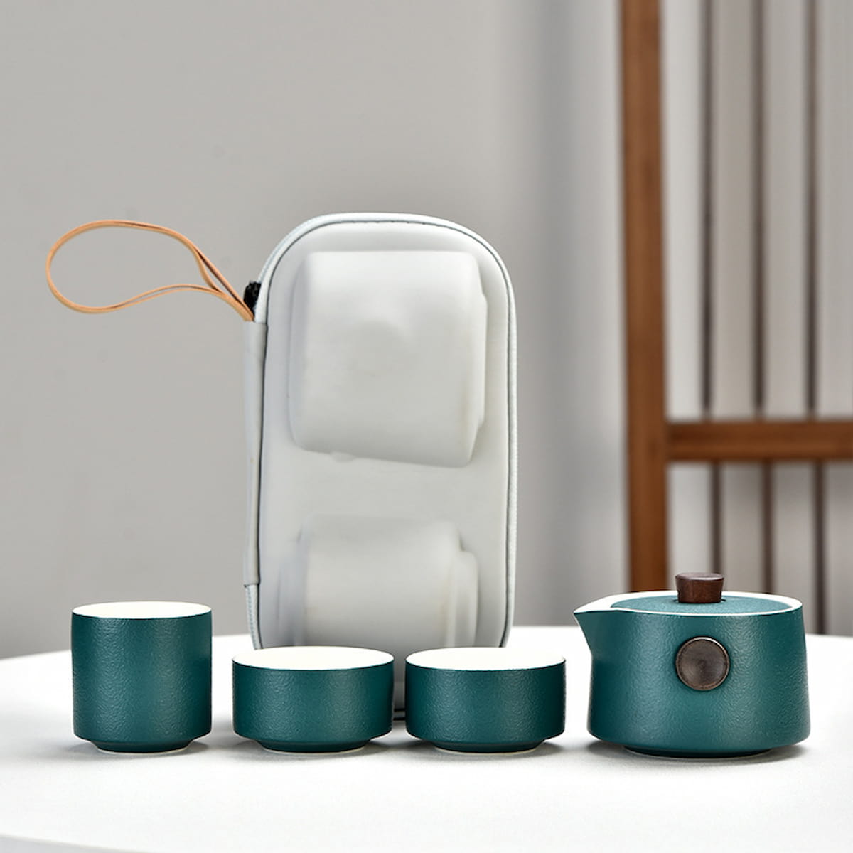 Minimalist Ceramic Gongfu Tea Set – 3 Cups and Teapot in Carrying Case