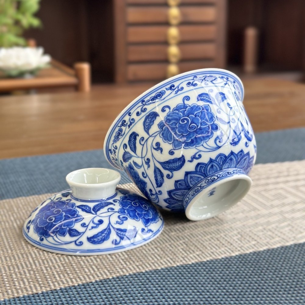 Hand-Painted Blue & White Porcelain Peony Gaiwan with Gift Box – Jingdezhen Artisan