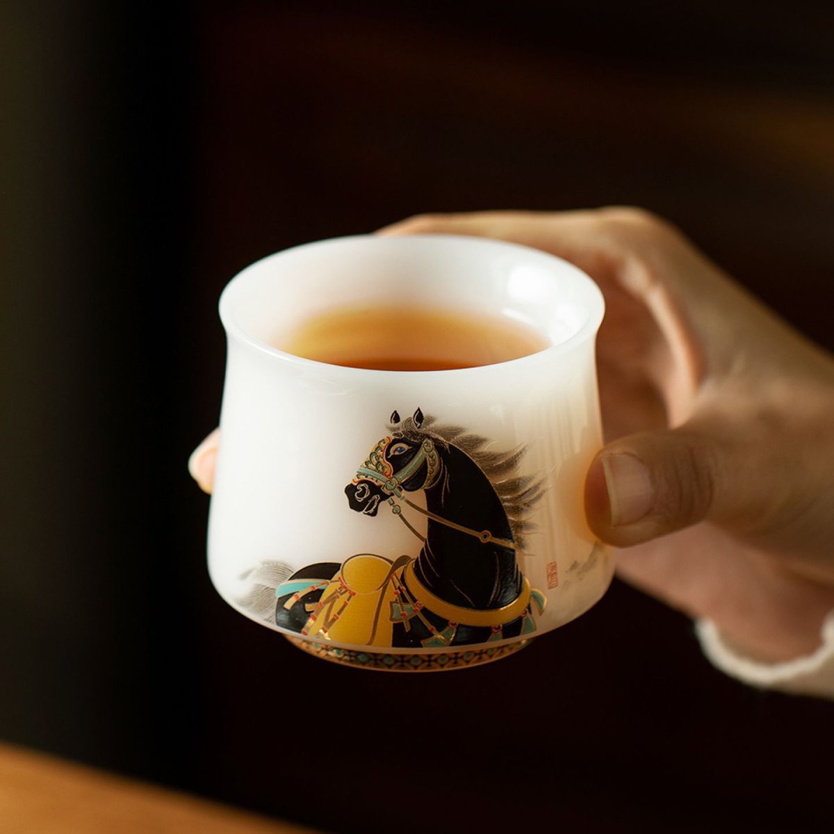 Puyu White Porcelain Black Horse High-End Owner’s Tea Cup Gift Box 3.4 fl oz