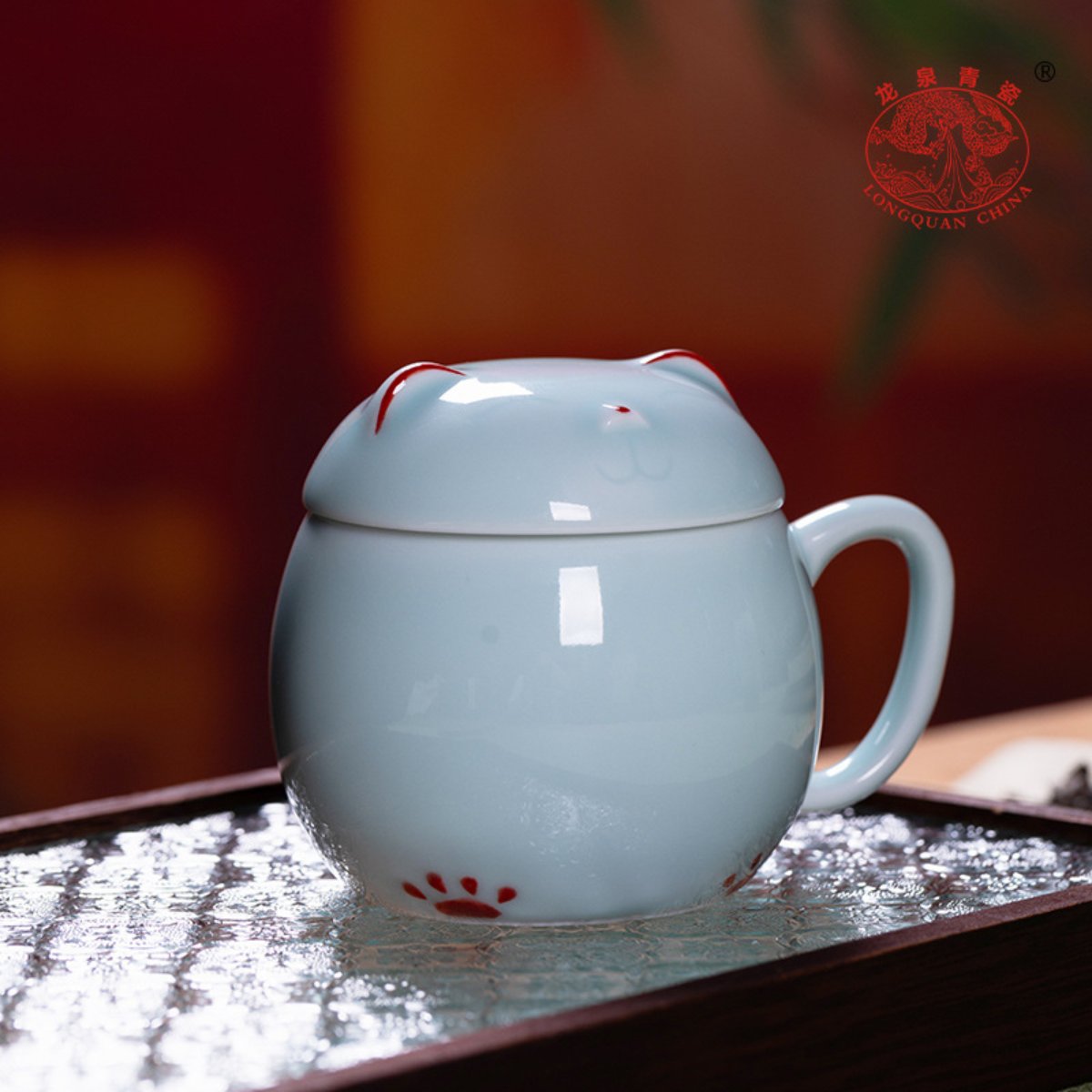 Longquan Celadon Lucky Cat Ceramic Mug with Lid – 10 oz Office Coffee Cup