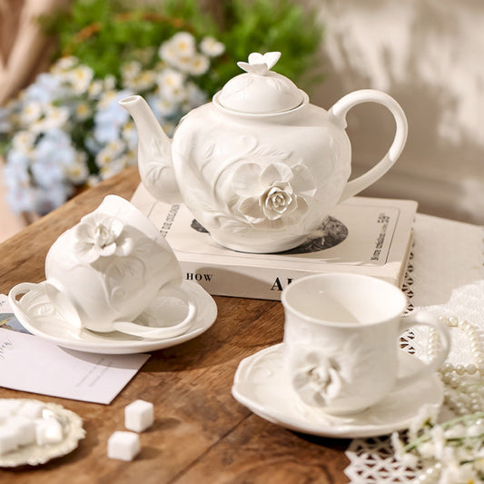 Handmade Vintage Embossed Teapot with Matching Cups and Saucers