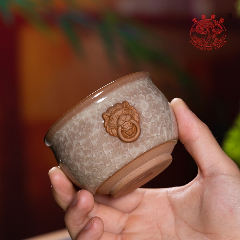Longquan Celadon Crackle Glaze Lion Head Tea Cup – Ice Crack Ceramic Master Cup