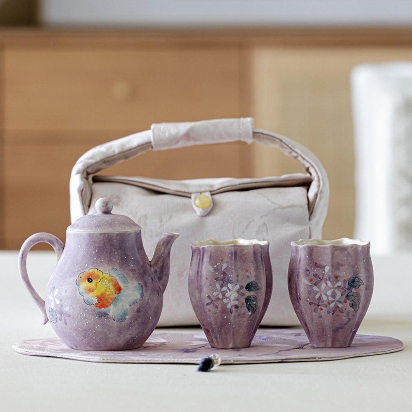 Zilin Travel Tea Set with Luxury Tea Serving Tray & Accessories, Hand-Painted Goldfish Motif, Porcelain Tea Set for Home, Office, or Gift