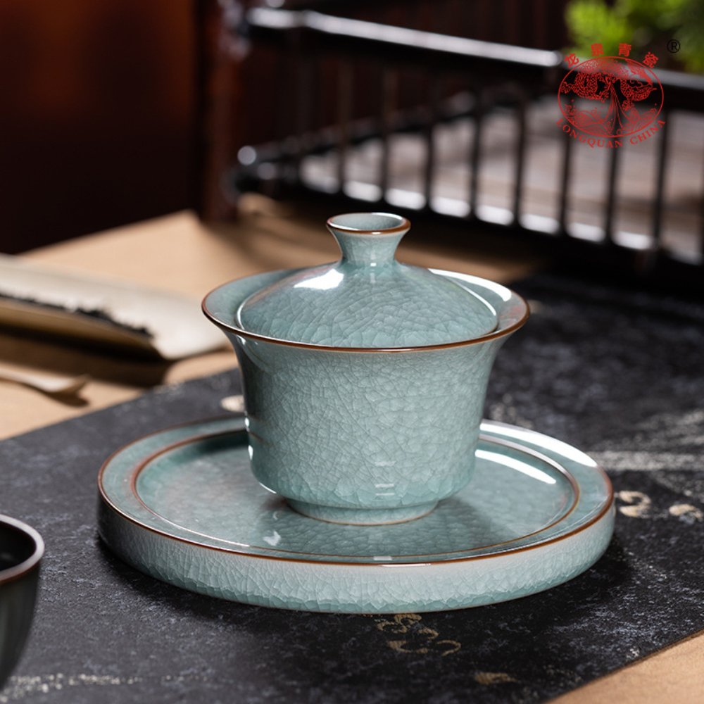 Large Longquan Celadon Ice-Crystal Gaiwan with Tray (San Cai) – 170ML Gift Box Set