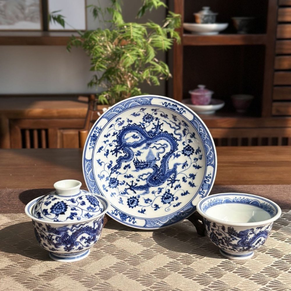 Hand-Painted Blue & White Double Dragon Gaiwan Tea Set with Tray – 3-Piece Set