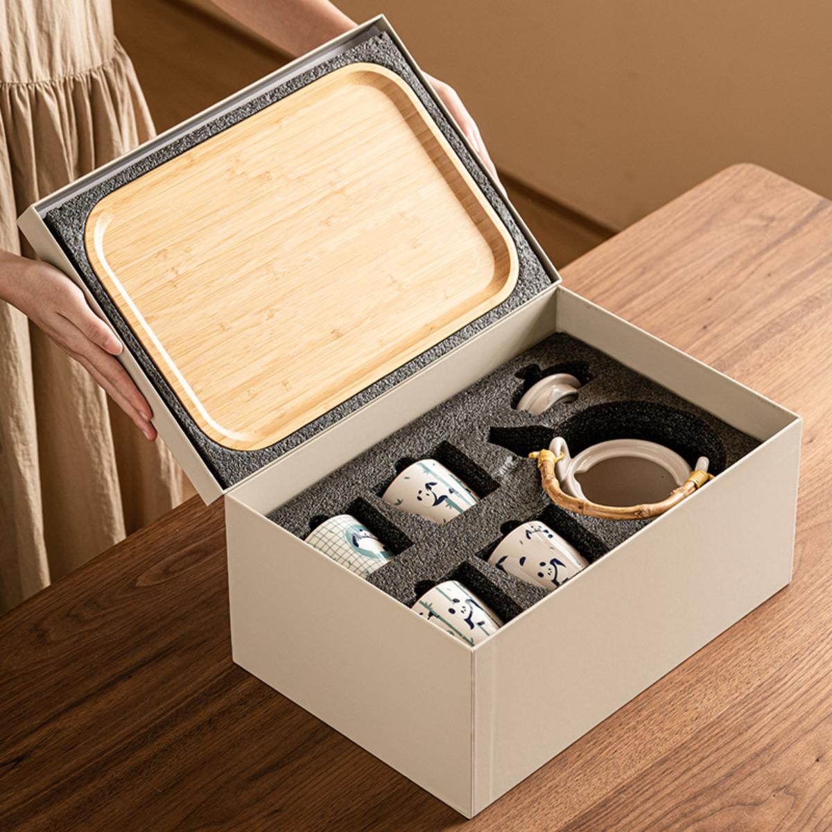 Panda Tea Set Gift Box – Porcelain Gongfu Teapot & Cups with Bamboo Tray, Ideal Gift for Tea Lovers