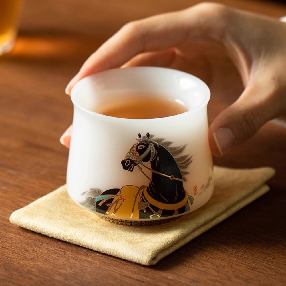 Puyu White Porcelain Black Horse High-End Owner’s Tea Cup Gift Box 3.4 fl oz