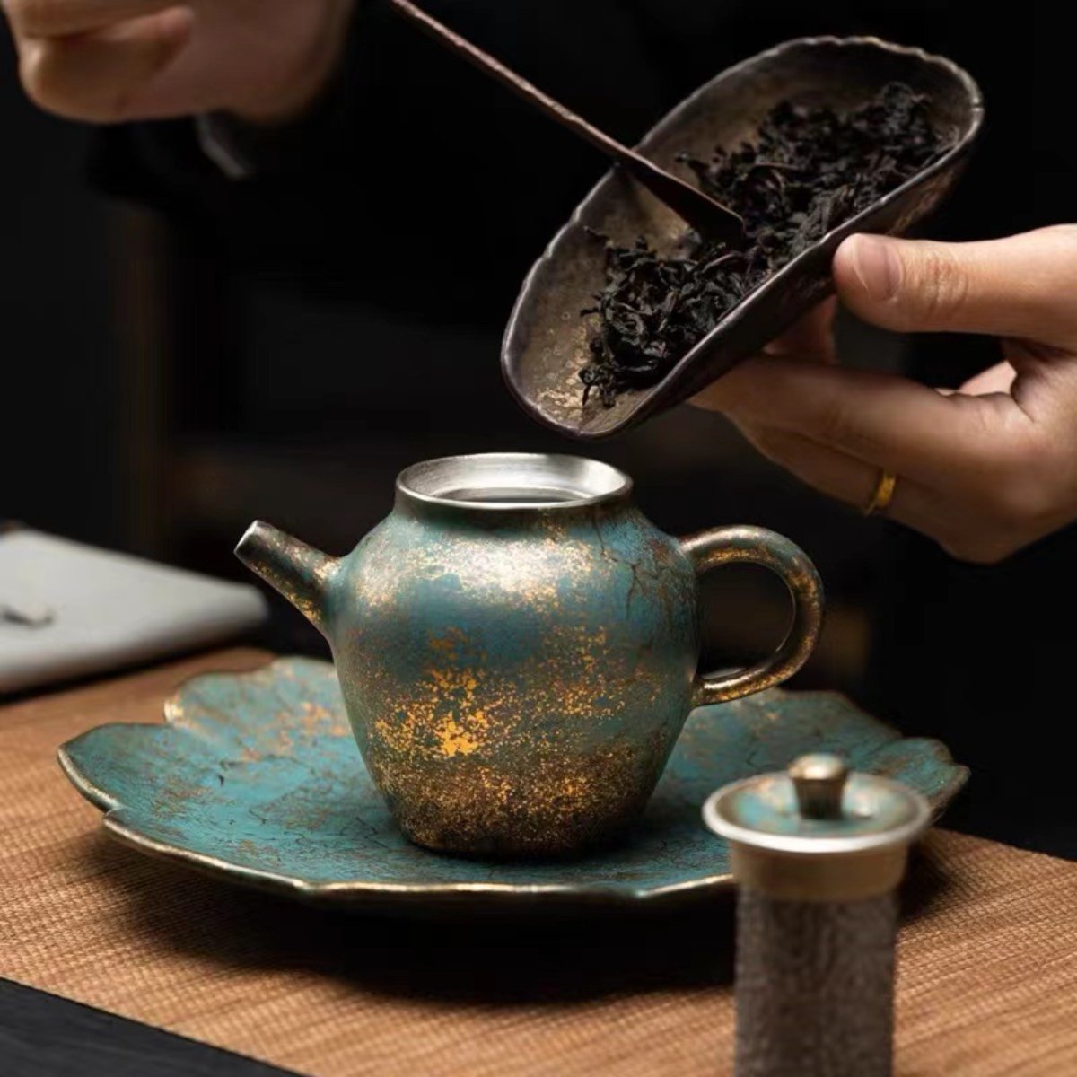 Handcrafted Evergreen Glaze Ceramic Teapot with Vintage Gold Accents, 160ML