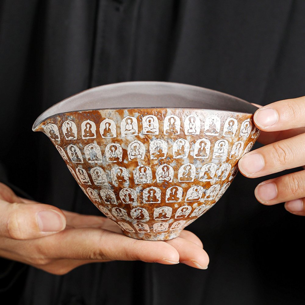 Vintage Thousand Buddha Ceramic Fairness Cup with Silver Accent – Handcrafted Gongfu Tea Pitcher