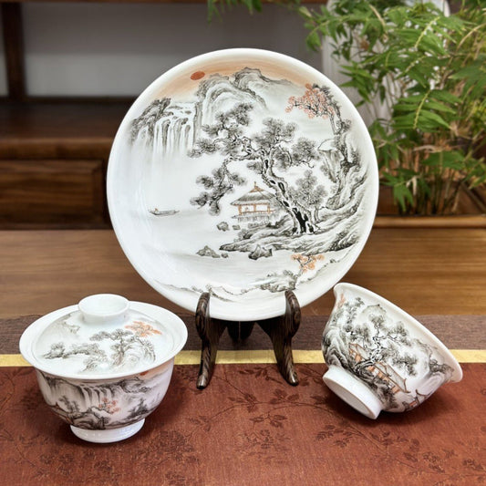 Ink-Painted Three-Piece Gaiwan Tea Set with Sunrise Design – Gaiwan, Hostess Cup, Tray