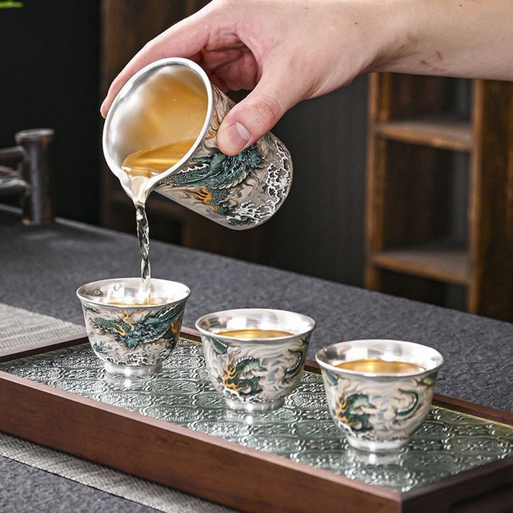 Azure Dragon Sterling Silver Tea Set – 12-Piece Chinese Gongfu Tea Set