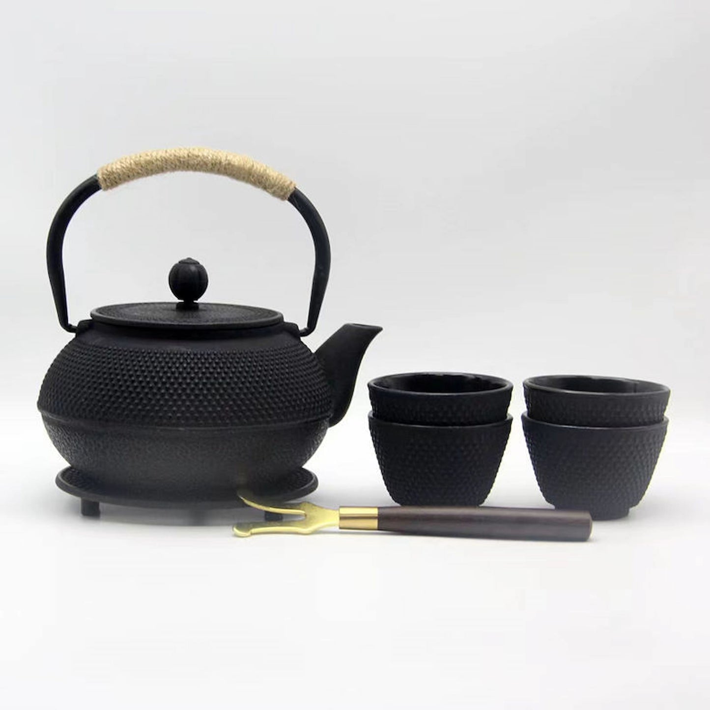 Black Cast Iron Tea Set – 900ml Teapot with Coasters, 4 Cups & Gift Box