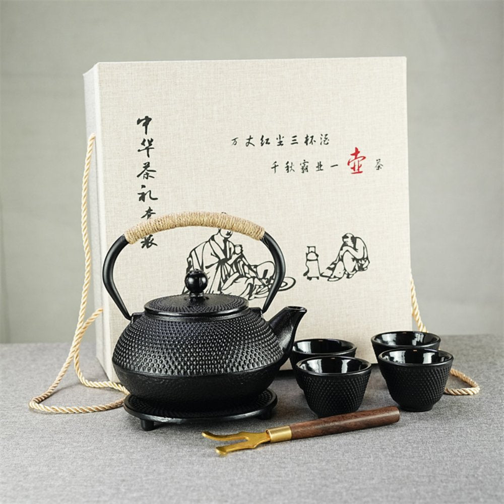 Black Cast Iron Tea Set – 900ml Teapot with Trivet, 4 Cups, Infuser & Gift Box