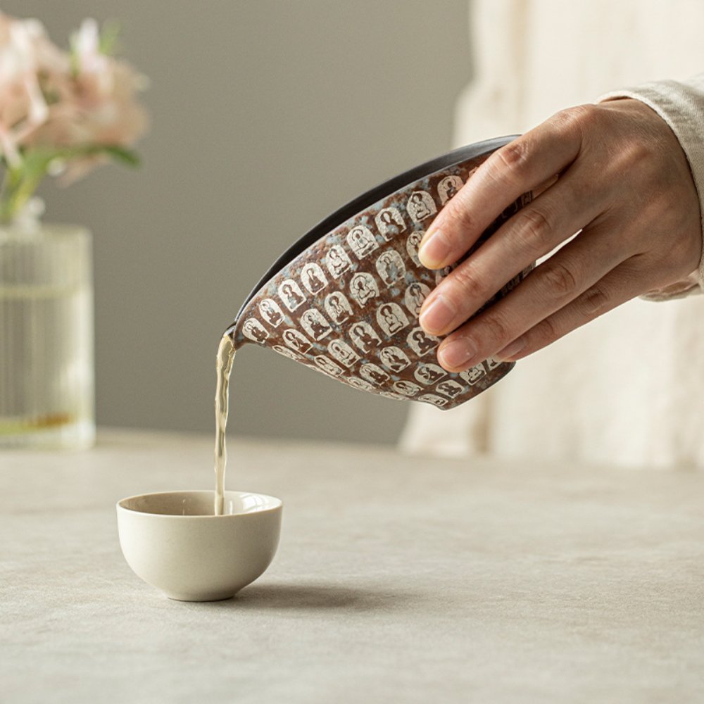 Vintage Thousand Buddha Ceramic Fairness Cup with Silver Accent – Handcrafted Gongfu Tea Pitcher