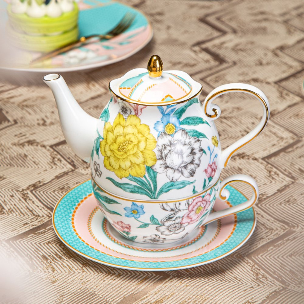 Bone China Floral Tea-for-One Set – Stackable Teapot, Cup & Saucer Gift Set