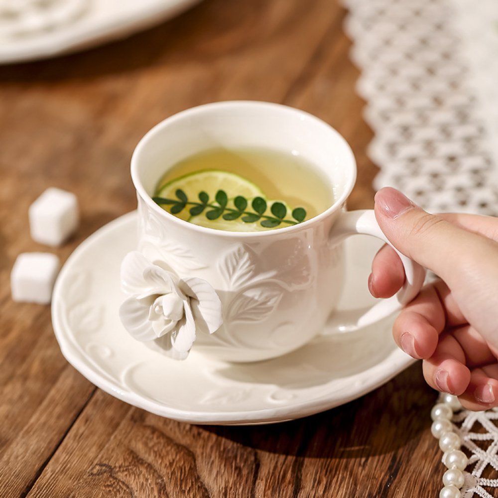 Vintage Embossed Teapot Set with 2 Cups & Saucers – Handmade Ceramic Afternoon Tea Set