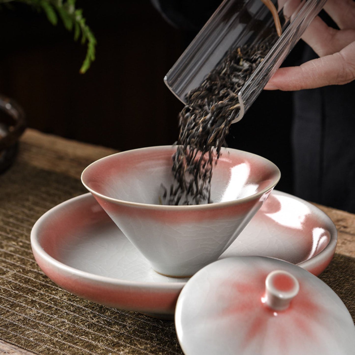 Ru Kiln Red Hue Bone China San Cai Gaiwan Gongfu Tea Set