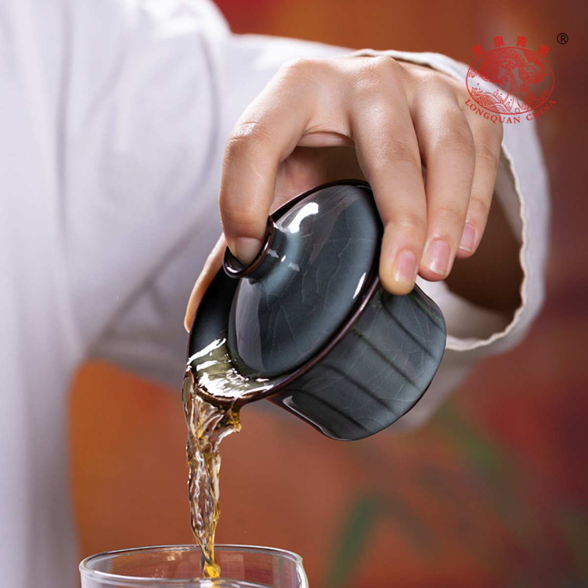 Longquan Celadon Gaiwan with Iron Body and Crackle Glaze, Begonia Shape, 130ML, Gift Box Set