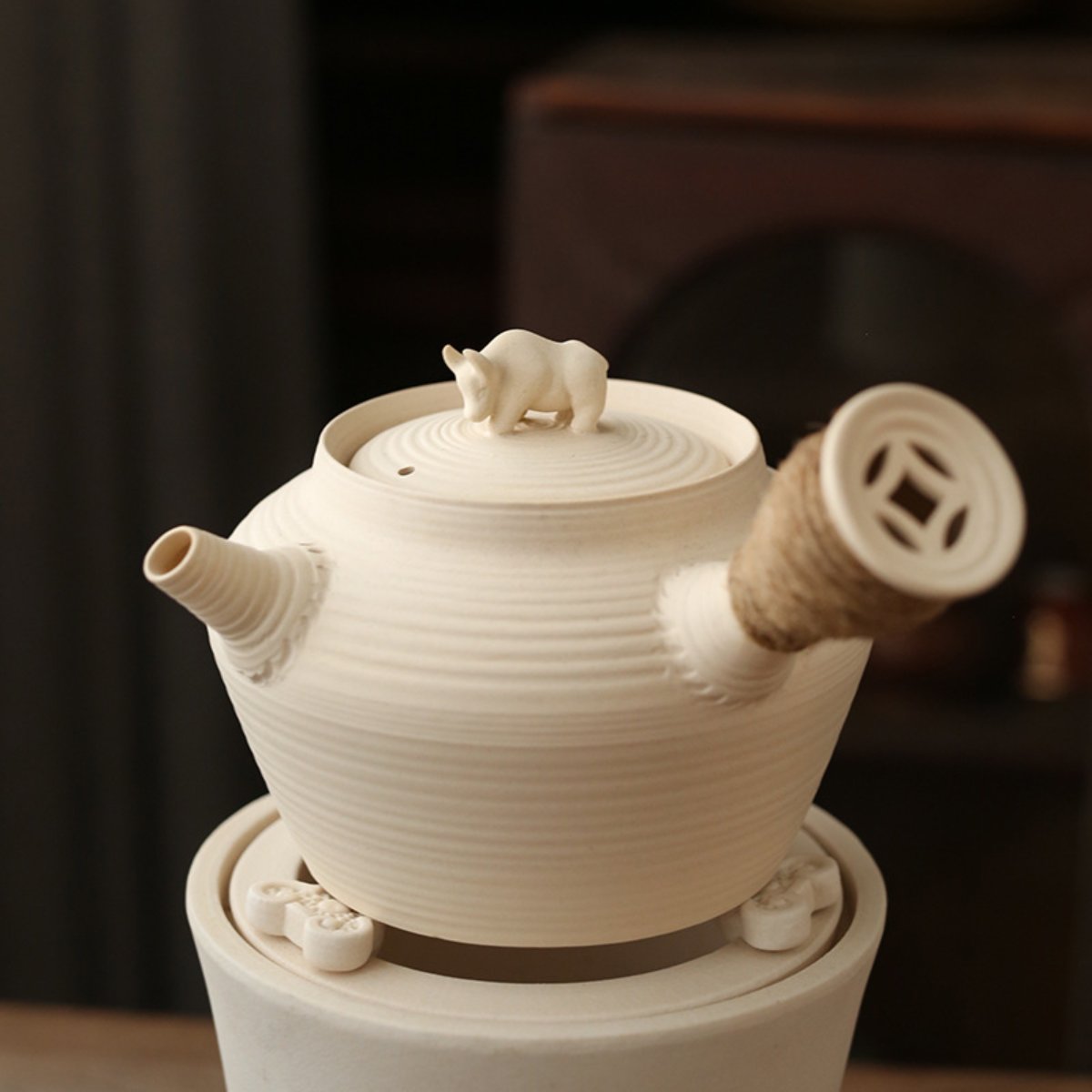 Natural White Clay Teapot + Charcoal Stove – 1 Teapot & 1 Stove 2-Piece Set