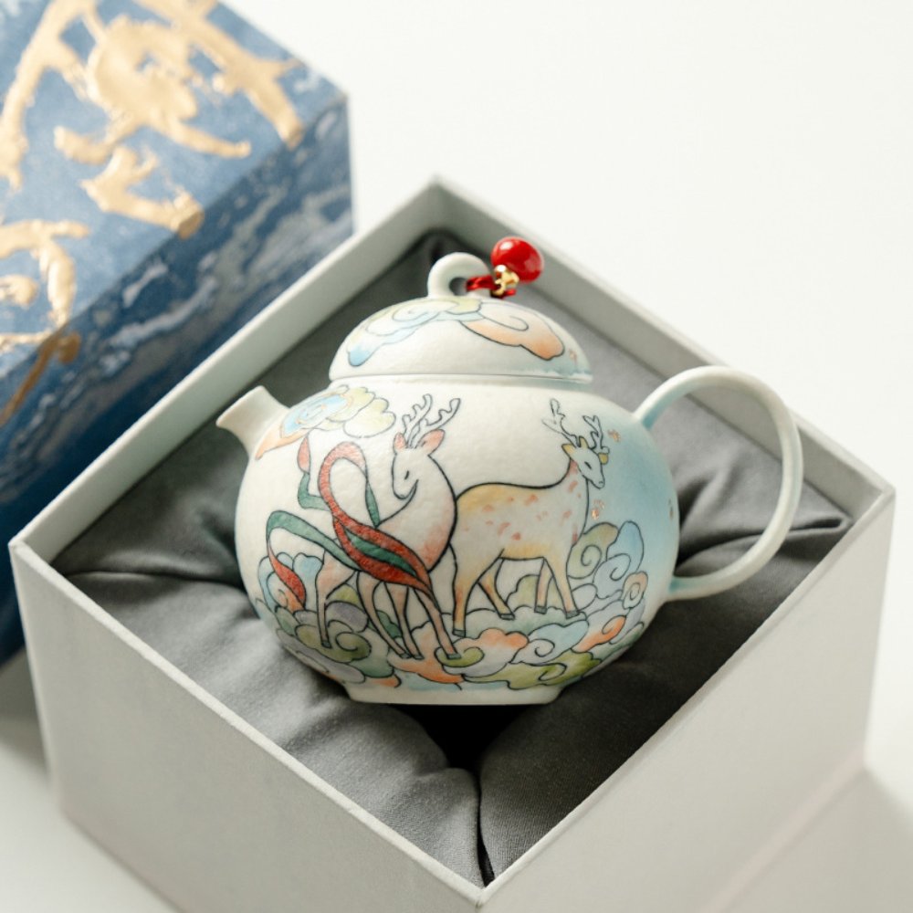 Hand-Painted Cloud Deer Round Belly Teapot Gift Set – 5 fl oz Ceramic Teapot with Built-In Strainer