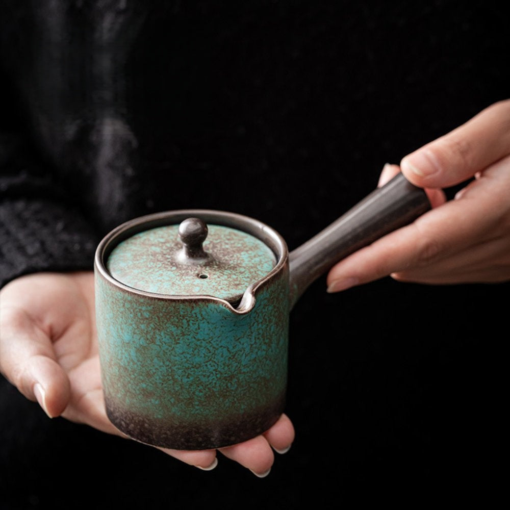 Zhanlan Blue Glazed Retro Ceramic Side-Handle Teapot 5 oz