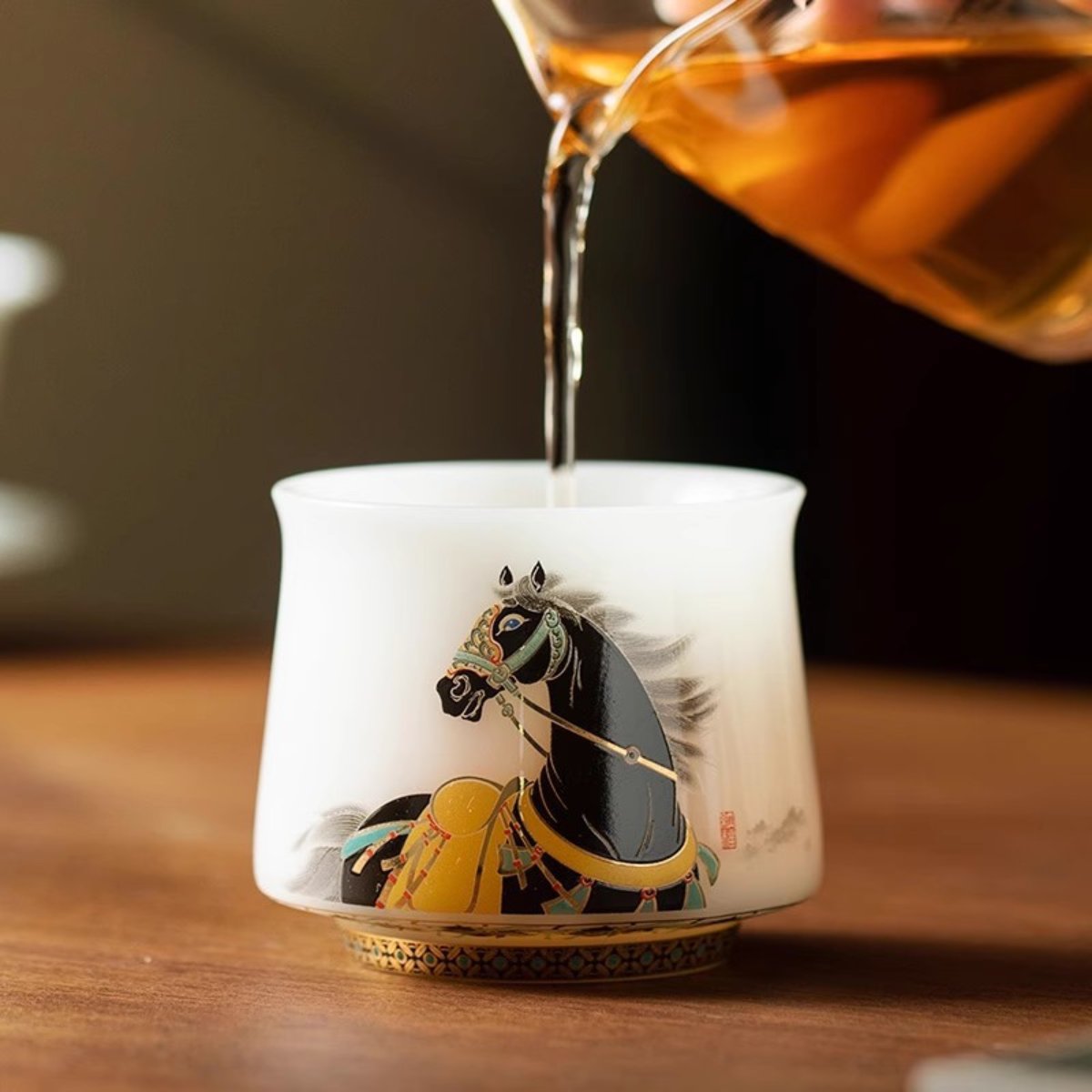 Puyu White Porcelain Black Horse High-End Owner’s Tea Cup Gift Box 3.4 fl oz