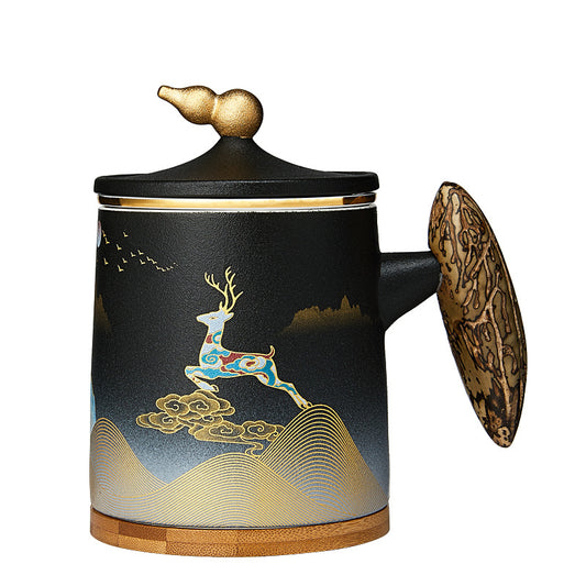 Deer Ceramic Office Mug with Infuser – Modern Tea Mug with Lid